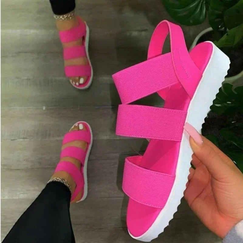 Summer womens sandals casual shoes hollow solid color smooth sole thick elastic band apartment plus size beach 250321BJ - view 7