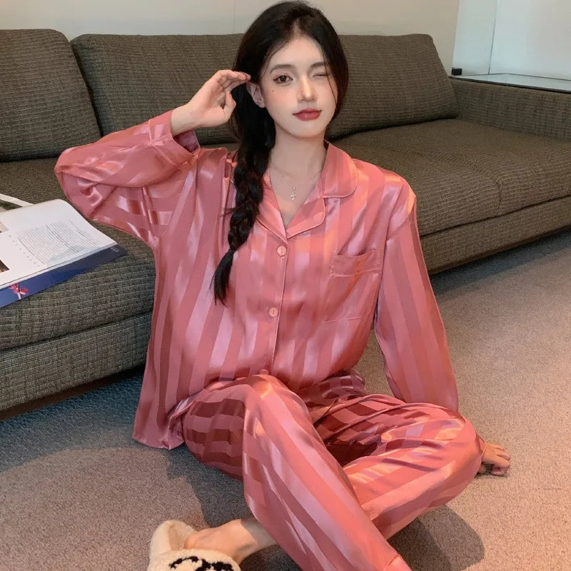 2Pcs/set plus size ladies pyjamas set ice silk student home wear cardigan lapel long sleeve long trousers girls womens clothes 250320
