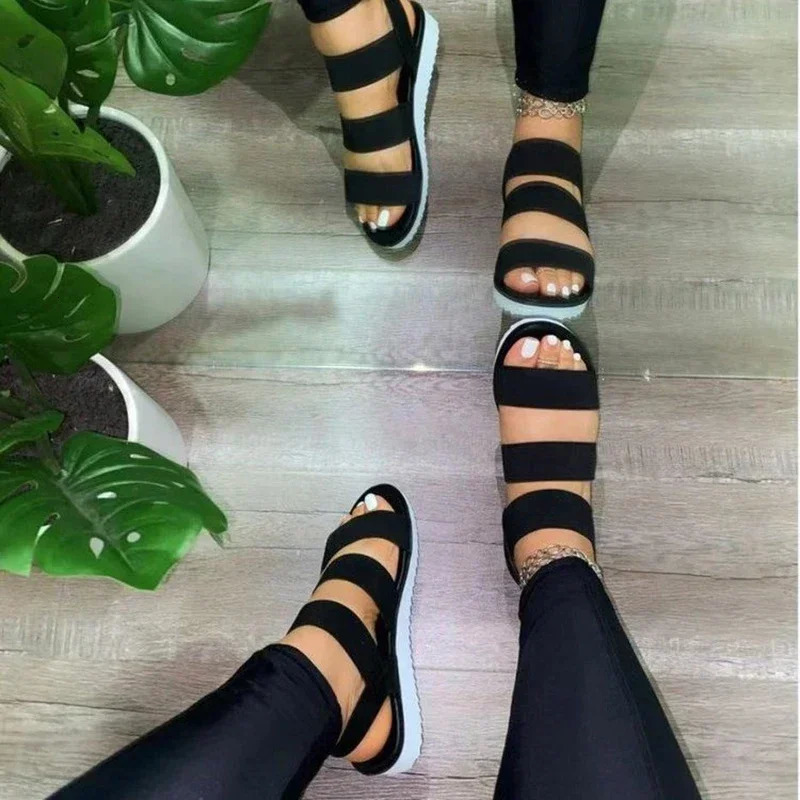 Summer womens sandals casual shoes hollow solid color smooth sole thick elastic band apartment plus size beach 250321BJ - view 4