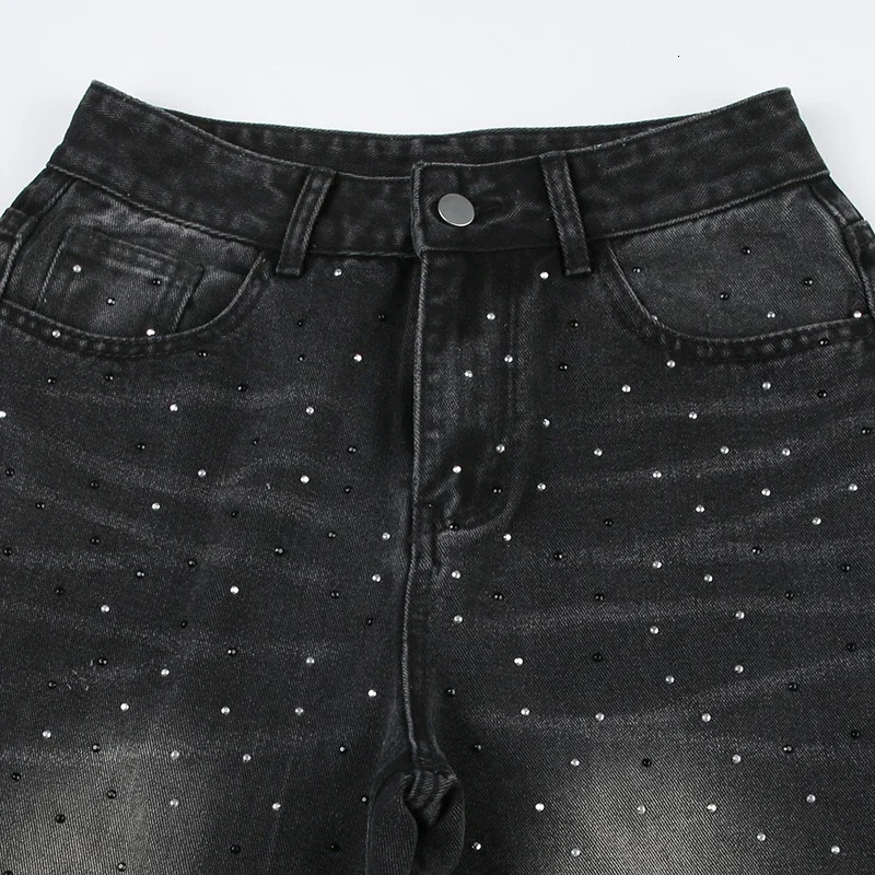 Streetwear Rhinestone Jeans Women High Waist Fashion Loose Straight Wide Leg Denim Trousers Chic Grunge Harajuku Cargo Pants 250320