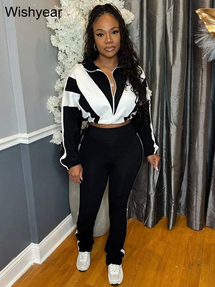 Fashion Patchwork Long Sleeve Zipper Crop Jacket and Skinny Pencil Pants Two Piece Set Woman Tracksuit Jogger Sports Outfits 250321