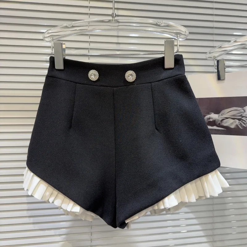 PREPOMP Spring Arrival Rhinestone Metal Buttons Ruched Ruffles Black Shorts Women GP217 250320