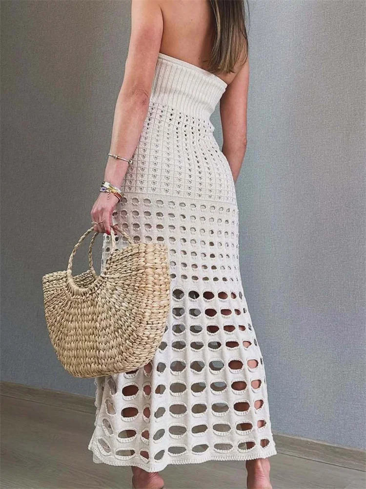 Tossy Spring Knitwear Hollow Long Womens Bandeau Loose Backless Holiday Beach Leisure Maxi Dress Knitted Dress 250320