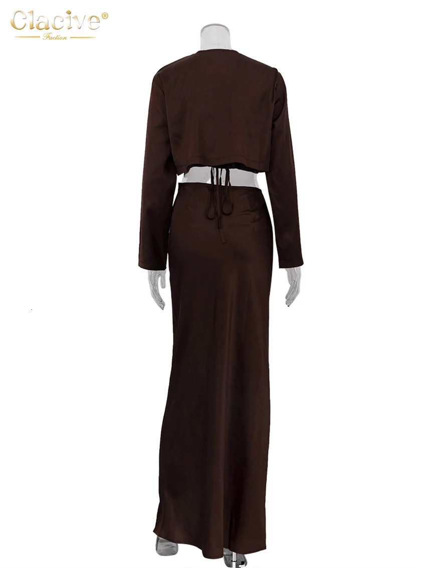 Clacive Sexy Loose Brown Satin 3 Piece Sets Women Outfit Fashion Long Sleeve Crop Top Bra With High Waist Maxi Skirt Set 250320