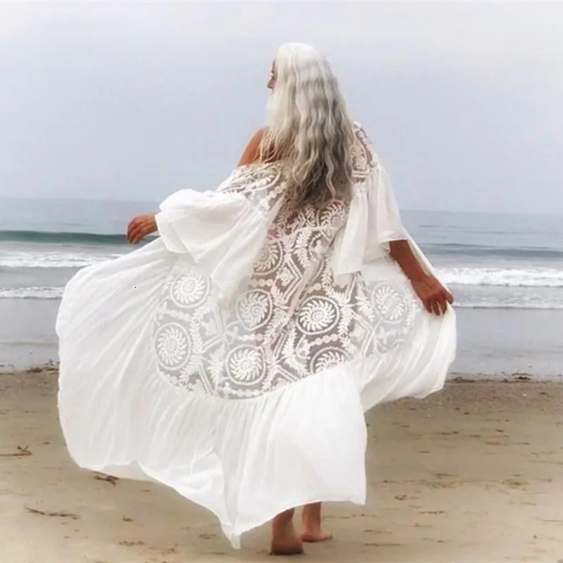 Fashion Patchwork Lace Bikini Cover Up See Through Swim Cardigan Over Size Holiday Wear Swim Ruffle Kaftan Beach Dresses 250320