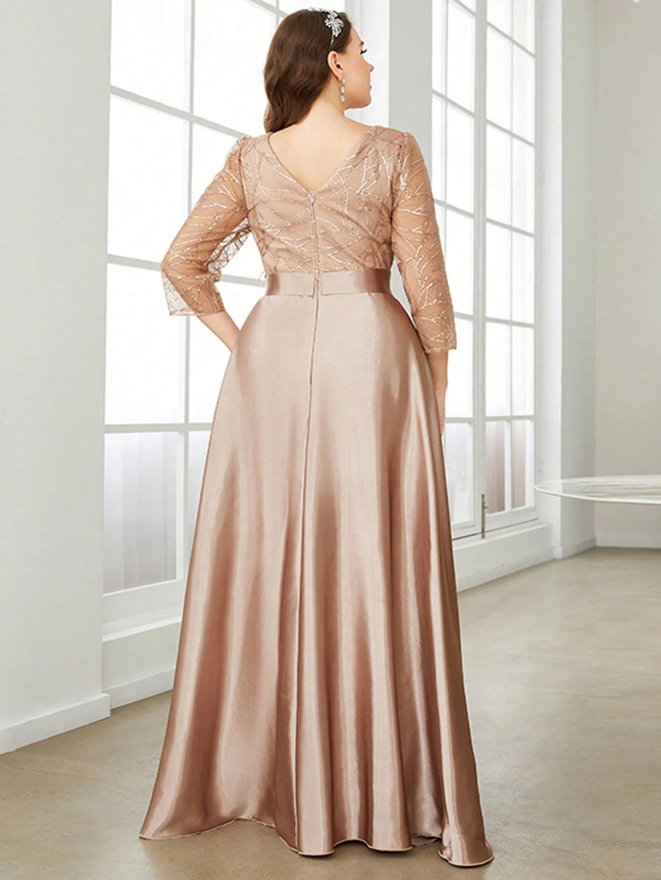 Mgiacy Crew neck long sleeve sequin patchwork satin ball dress Party dress Bridesmaid dress 250320