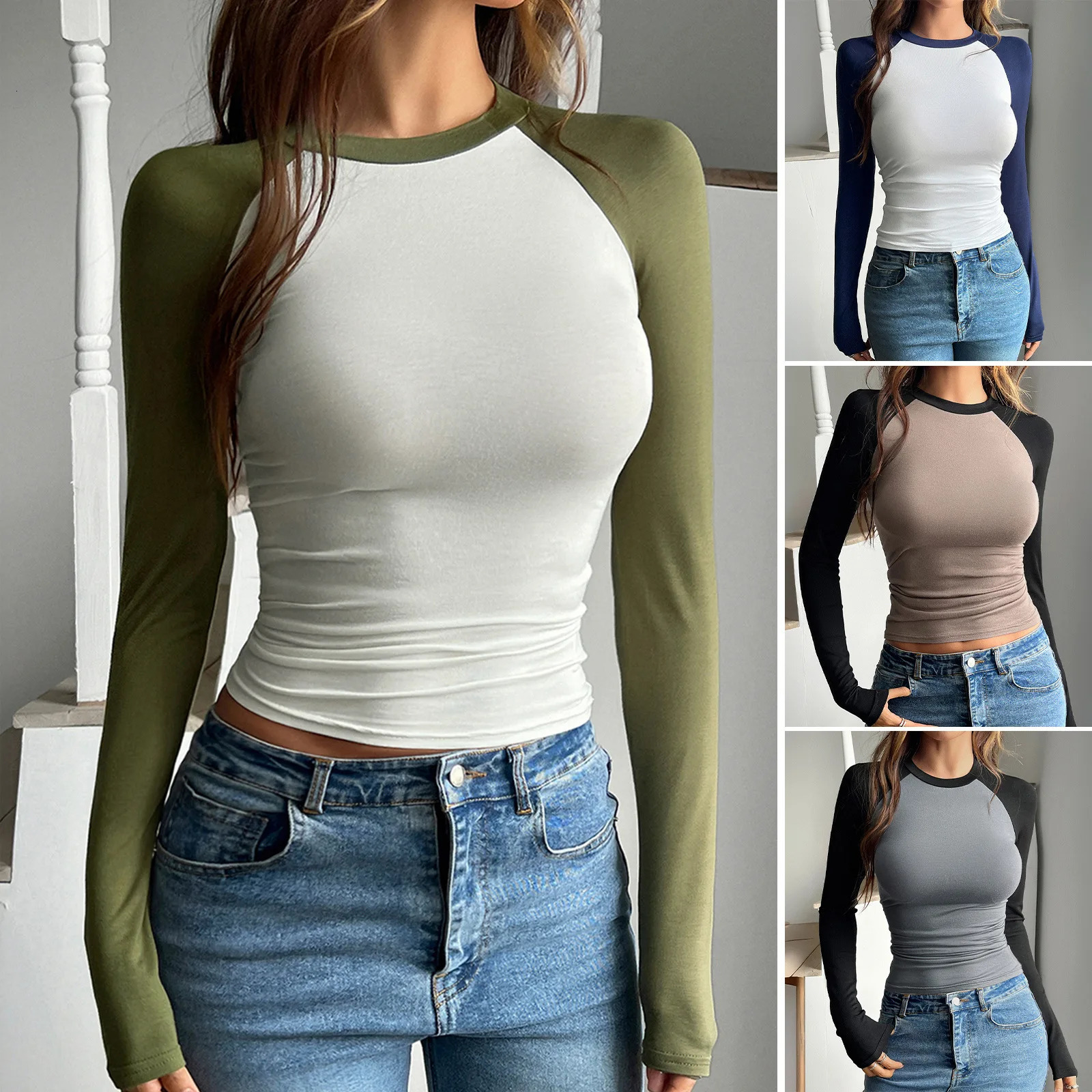Spring Summer Womens Base Shirt Slim Fit Contrast Long Sleeve Tops for Women O Neck Y2k Sexy Knitted Pullovers Lady Tshirt 250314