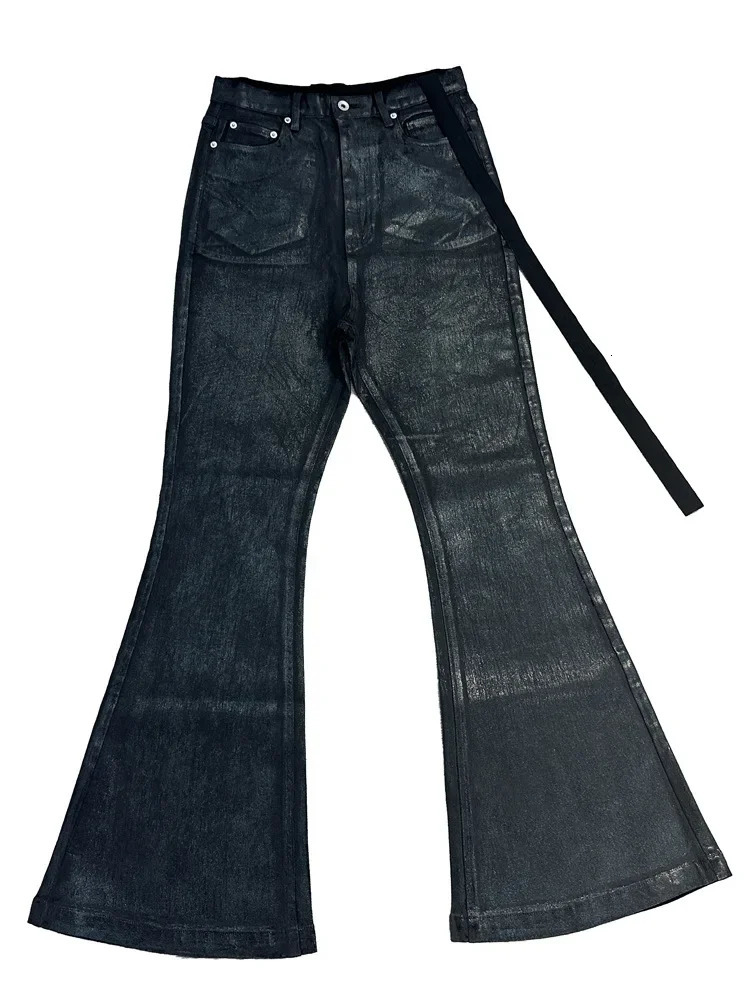 UMI MAO RO Style 2023 niche dark brush wax coating pure black high elasticity ribbon jeans wide leg micro flash pants for men 250320