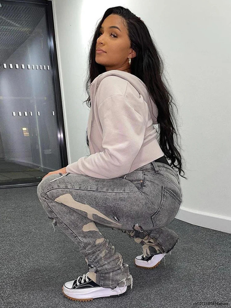 Fashionable cotton hole jeans womens Y2K stacked pants casual chic printed torn denim tight jeans gray elastic slim fit jeans 250317
