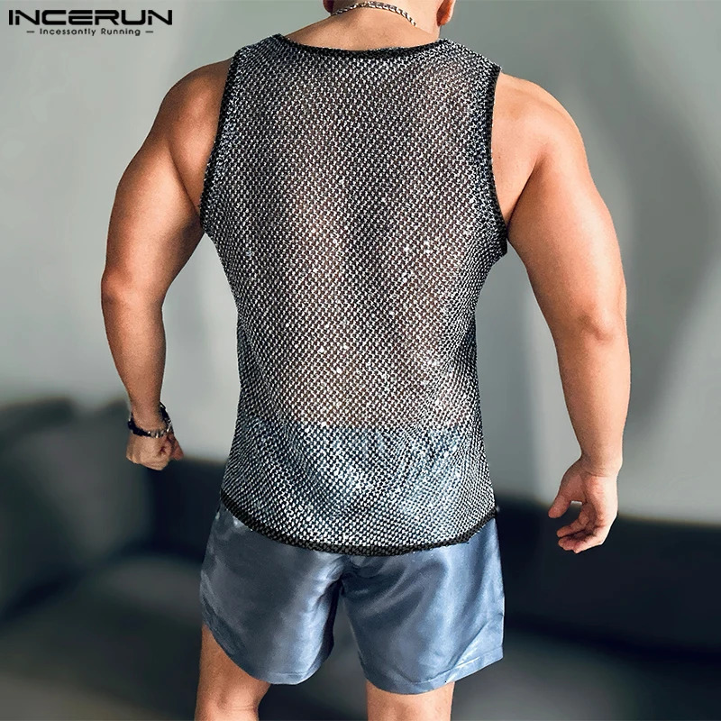 INCERUN Tops American Fashion Mens Sparkling Fabric Hollow Mesh Vest Leisure Club Clothing Selling Sleeveless Vest 250318