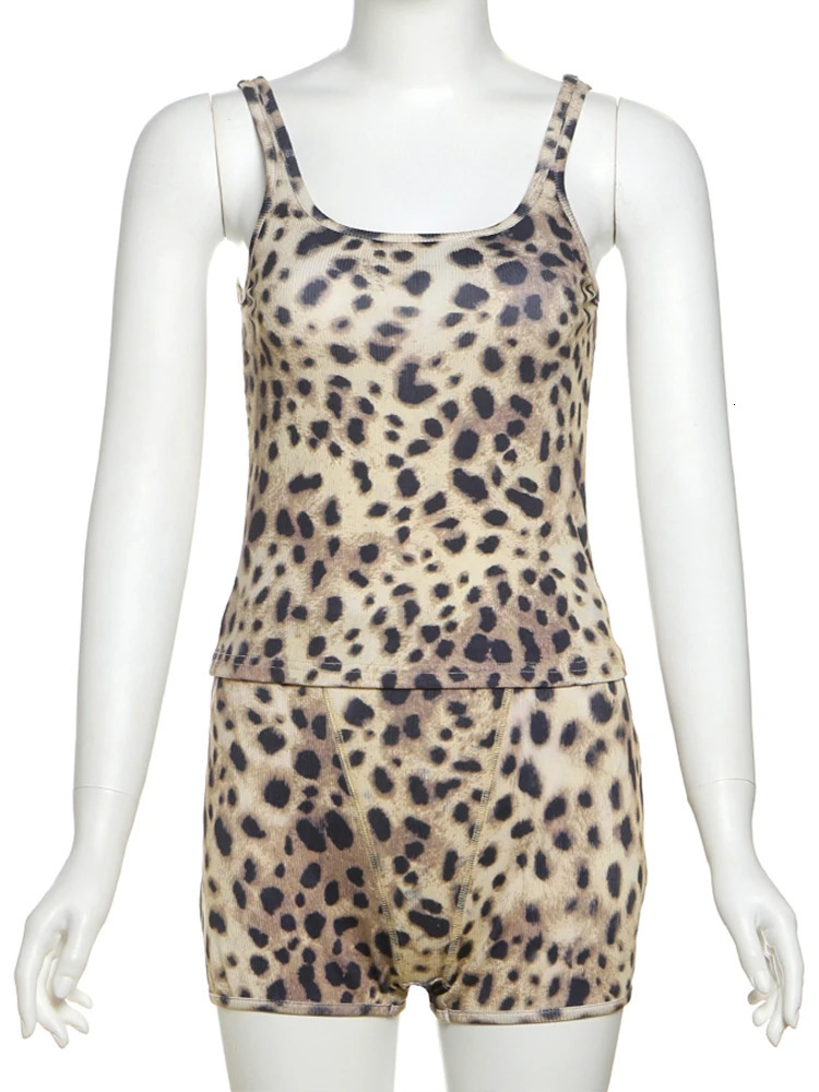 Weird Puss Casual 2 Piece Set Women Tracksuit Leopard Print Shorts Sleeve Tank TopsBiker Shorts Matching Activity Streetwear 250320