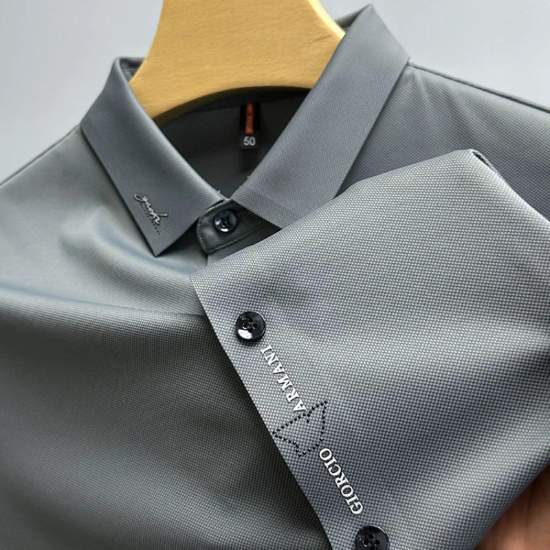 High-end Ice Silk Short-sleeved Shirt for Men Embroidery Summer Mens Business Casual Shirts Thin Lapel T-shirt Top 250320
