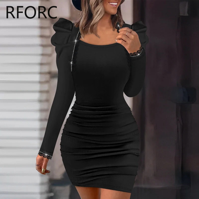 Women Solid Long Puff Sleeves Rhinestone Decoration Folds Mini Bodycon Party Black Dress 250320