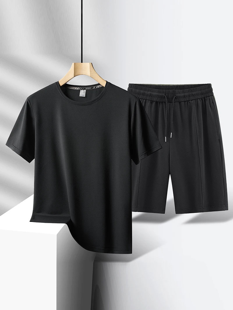 2 Piece Set Gym Clothes Men Summer Workout Tracksuit Quick Dry Breathable Cooling Short Sleeve Training Clothes Fitness Running 250320