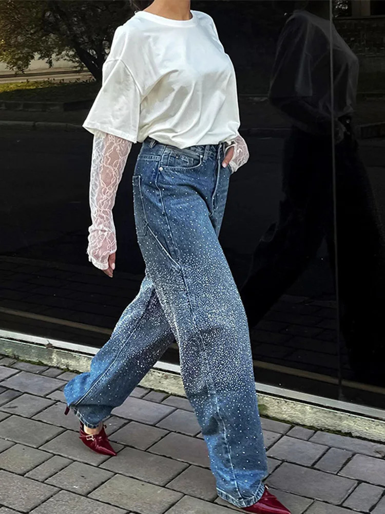 Rhinestone Blue Jeans Women Casual High Wait Wide Legs Pockets Denim Pant Female Spring Lady Y2k Street Baggy Trousers 250320