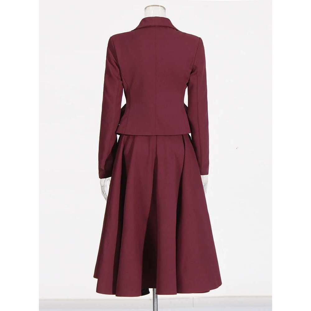 Solid Bury Two Piece For Women Lapel Long Sleeve Spliced Appliques Coats High Waist A E Skirt Set Female
