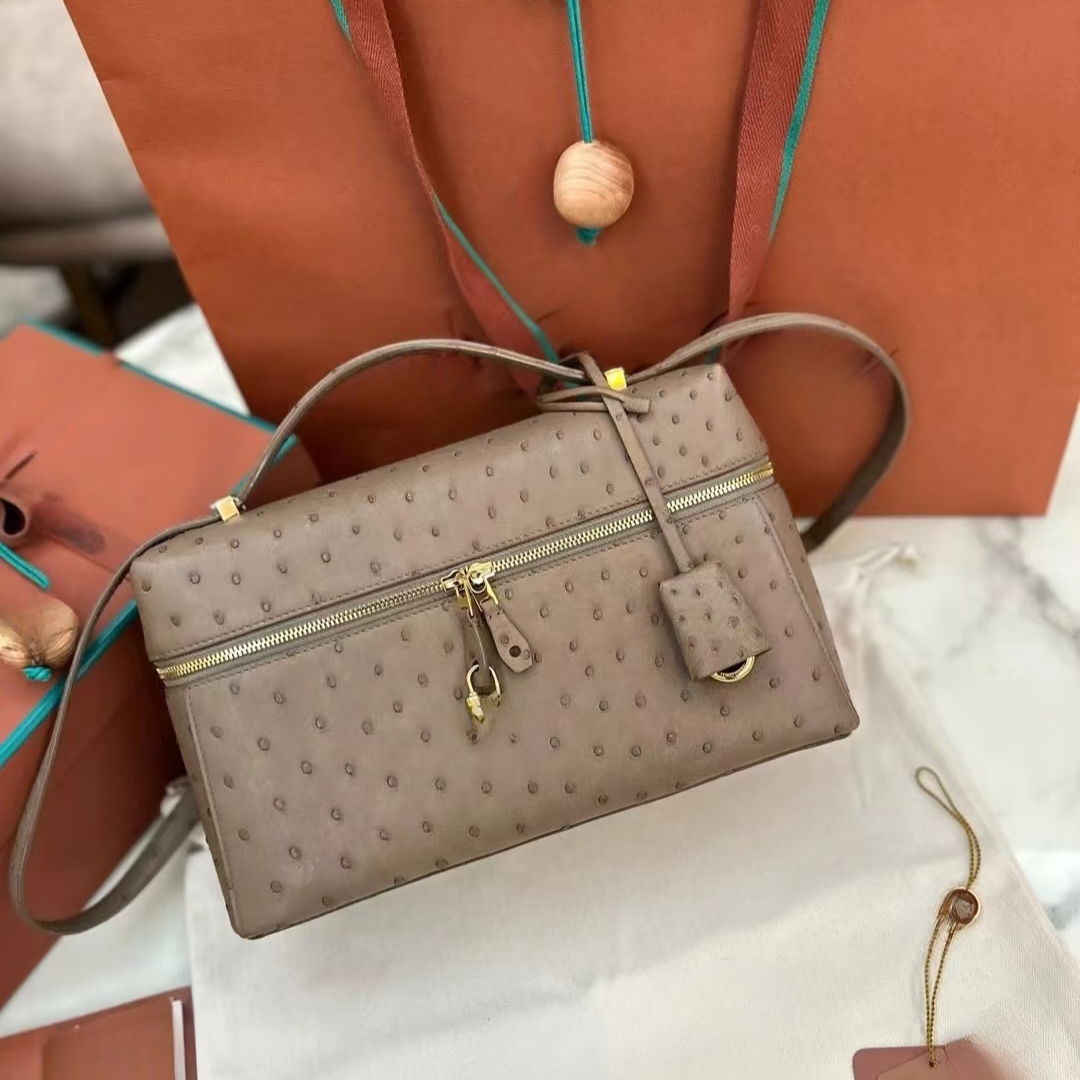 L19 L27 Designer Handbag Luxury Shoulder Bag Crossbody Bag Double Zipper close Switch fully handmade in South African Ostrich leather with 24K gold plated hardware