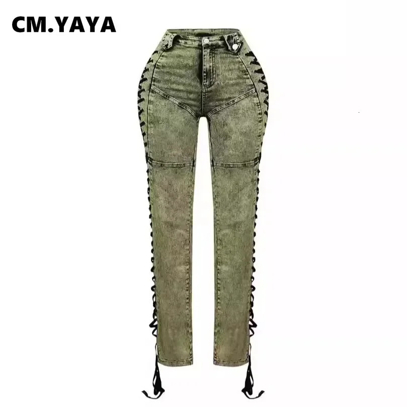 CM. YAYA Womens Street Clothing Cutting Side Lace Products Pencil Denim Wide Leg Jeans Autumn Casual Fashion Holiday Trouser 250320