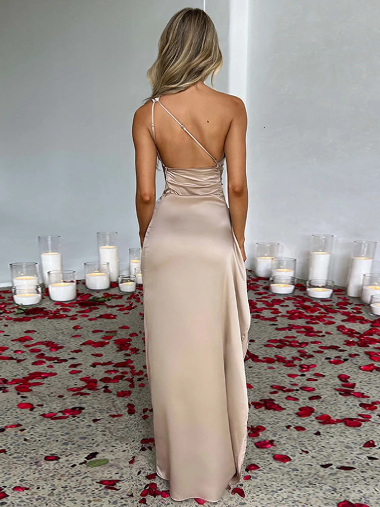 Summer Sexy One Shoulder Satin Long Dress for Women Sleeveless Backless High Split Party Evening Dresses Elegant Cocktail Dress 250320