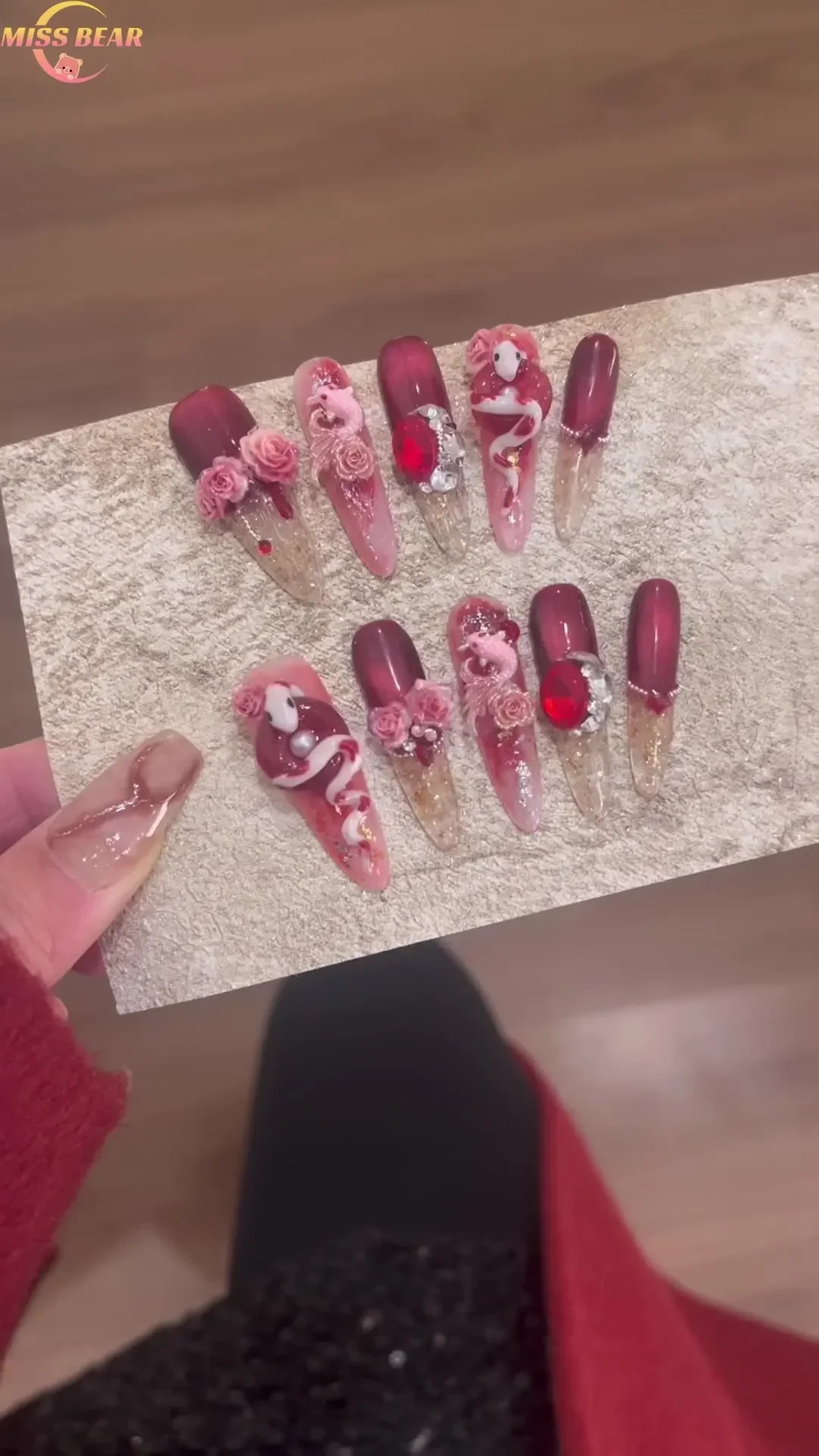 Handmade Beautiful Y2k Press on Nails Years Cat Eye Premium Red with Full Cover Long Coffin Acrylic Nail Tip 250319