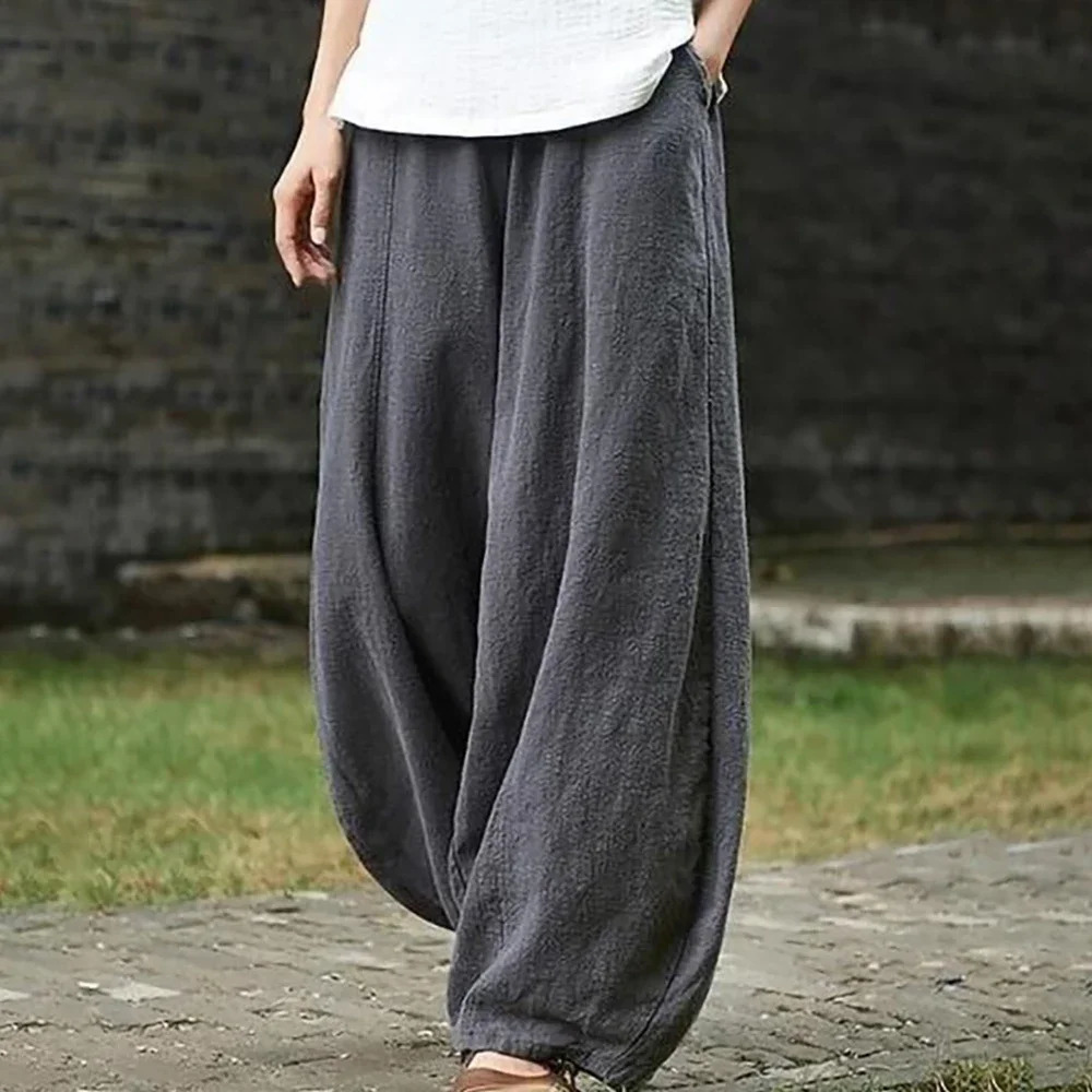 Loose Fitting Cotton Linen Style Balloon Pants Wide Leg Pants Women Vintage Full Length Harem Pants Solid Elasitic Waist S-5XL 250320