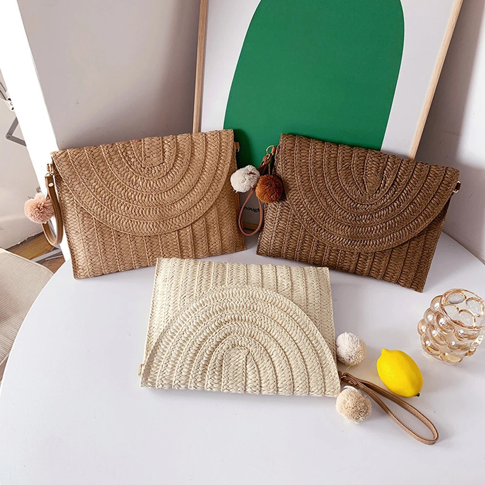 Handmade womens straw bag summer holiday beach leisure clutch wallet elegant shoulder Lafia envelope 250317