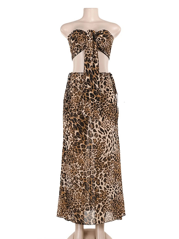 Sibybo Sexy Tube Top Leopard Print 2 Pices Skirt Set Fashion Bandage Skinny Causal Skirt Set Summe Spicy Girl Club Party Clothes 250320