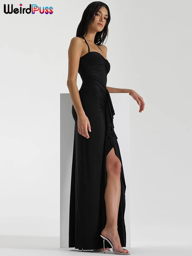 Weird Puss Ruffles Tassel Women Dress Halter Backless Open Split Ruched Peach Hip Bodycon Ladies Wedding Evening Party Dresses 250320