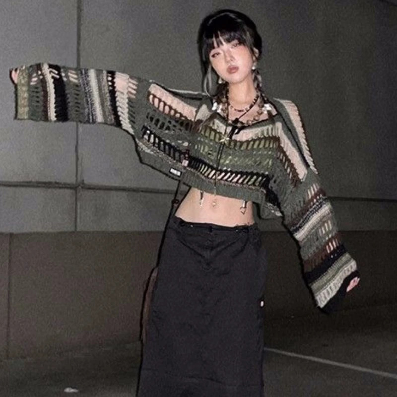 Y2k Hollow Out Pullovers Women Thin Summer Sexy Smock Outerwear Sweaters Harajuku Panelled Cropped Clothing American Retro Fit 250319