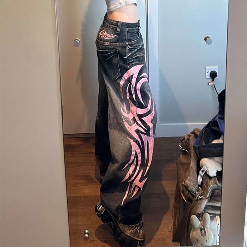Printed bag jeans womens clothing street washing Distressed retro high waisted jeans womens Versatile jeans womens jeans 250320