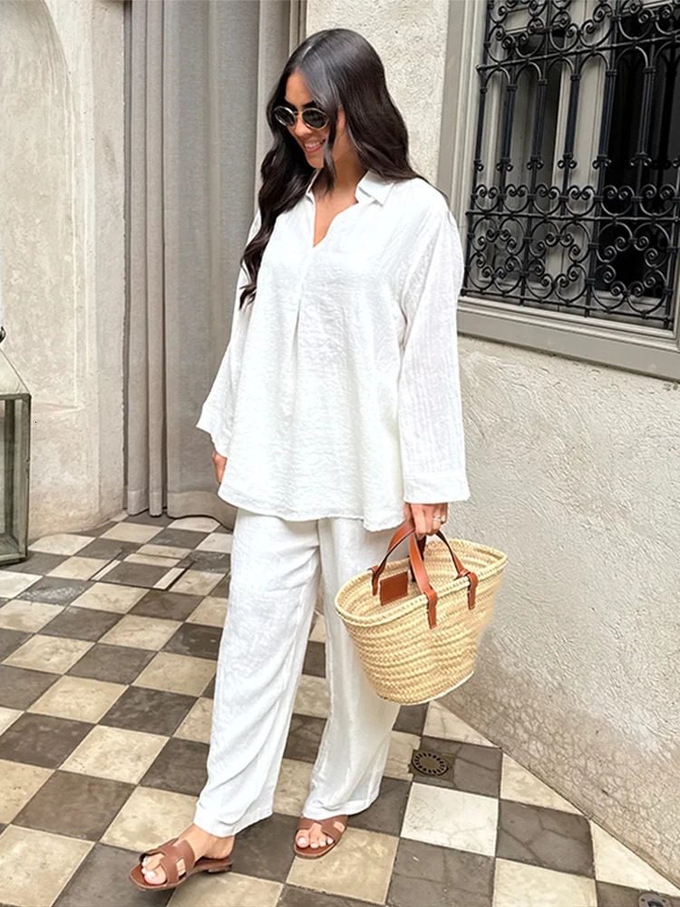 Casual Cotton Linen 2 Piece Sets For Women Loose Long Sleeve Shirts Wide Leg Pants 2025 Spring Summer Solid Outfits Lady 250320
