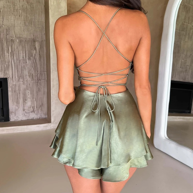 Hirigin womens satin spaghetti shoulder strap mini dress retro sleeveless backless lace top Aline short skirt sexy party fuzzy 250320