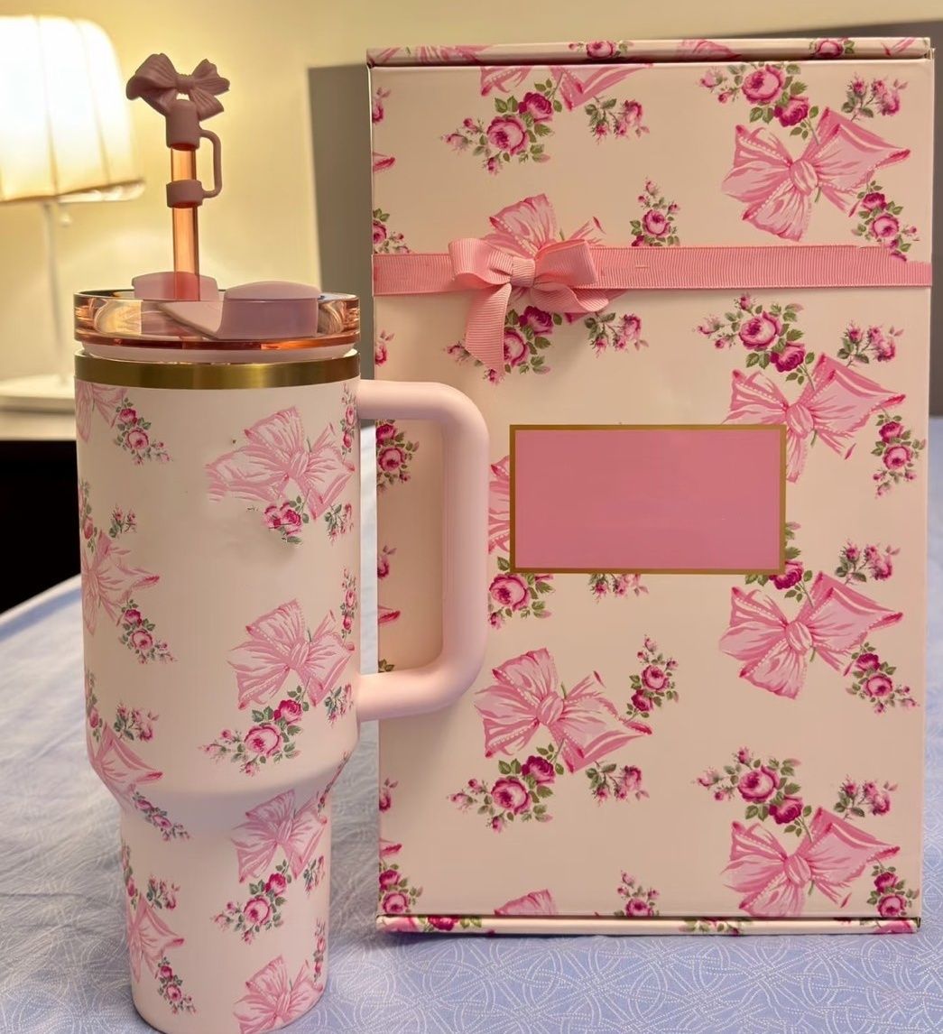 US STOCK wicked pink love Pink Rose Mug H2.0 40oz Stainless Steel Tumbler Cup with Silicone Handle, Lid and Straw for Valentine's Day Gift, Water Bottle 1129