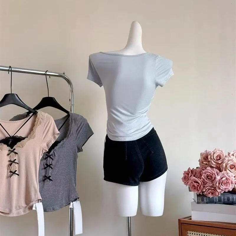 Korean Chic Slim sweet Womens Top Y2k Girls 2 Pieces Lace Up Short Sleeve TShirts Sweet Ladys Blouses 250311