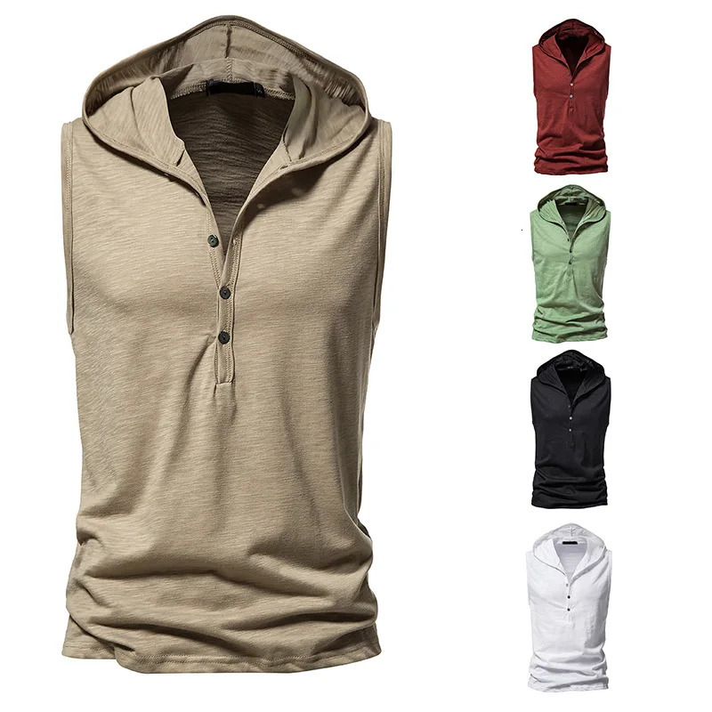 Mens sleeveless T-shirt with hollow hood casual and fashionable basic short sleeved lightweight cotton T-shirt vest 250318