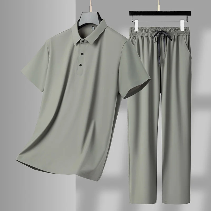Summer Mens Mens Casual Sports Set Fashion Thin Ice Strapless Polo T-shirt Mens Two Piece Set High Quality 250320