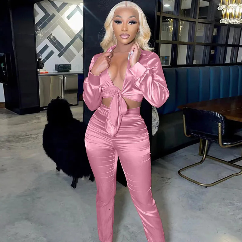 Elegant Satin Two Piece Set Women Clothing Long Sleeve Lace-Up Crop Top and Pants Club Birthday Outfits Matching Sets Wholesale 250320