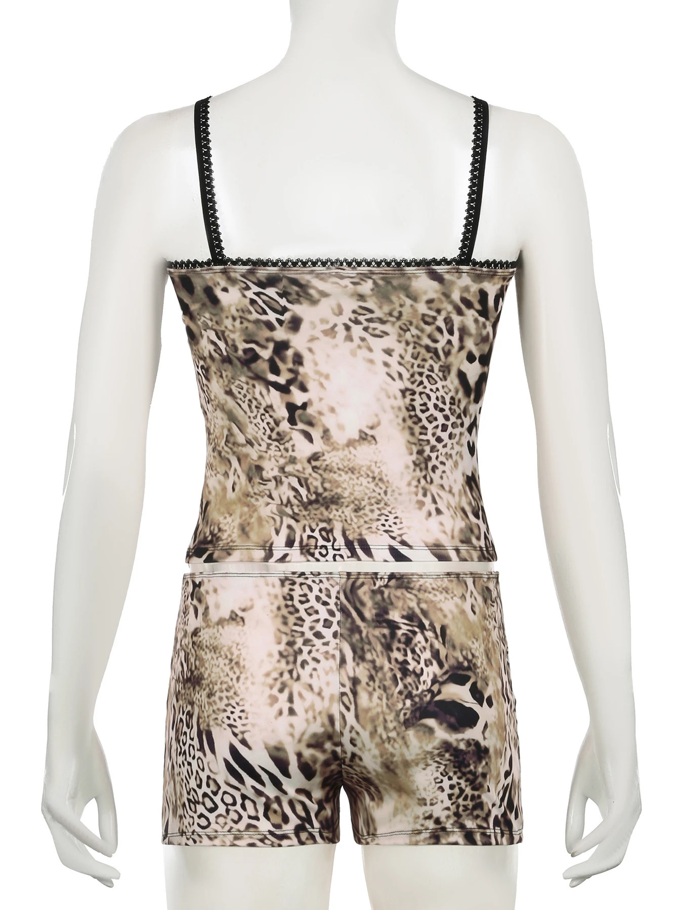 IAMSURE Sexy Leopard Printed Shorts Pants Women Slim 2 Piece Set Slash Neck Sleeveless Camis Top Low-Waisted Shorts Ladies 250320