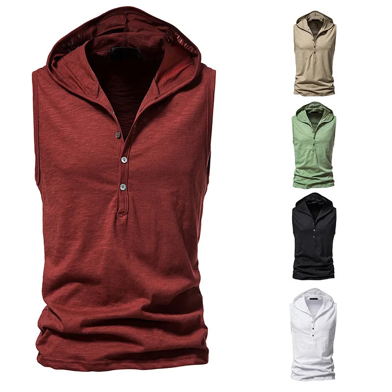 Mens sleeveless T-shirt with hollow hood casual and fashionable basic short sleeved lightweight cotton T-shirt vest 250318