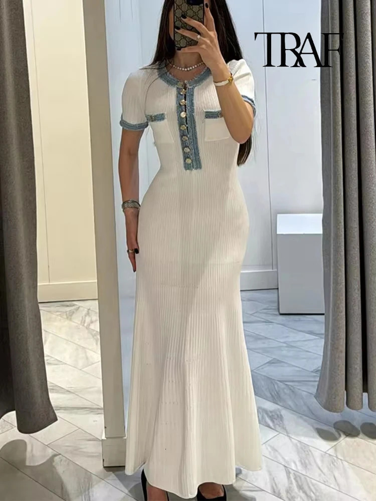 TRAF Women Fashion Splicing Knit Slim Long Dress Elegant Vneck Short Sleeve Button Casual Maxi Pleated Wrap Party Dresses 250317