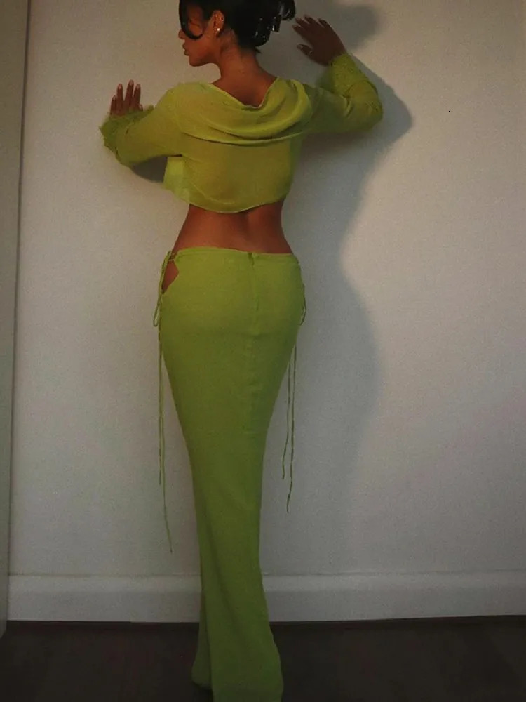 Y2K Green See Through Lace 2-piece Dress Womens Sexy Cut Open Fleece SweaterMaxi Tight Clothes Womens Holiday Party Set 250318