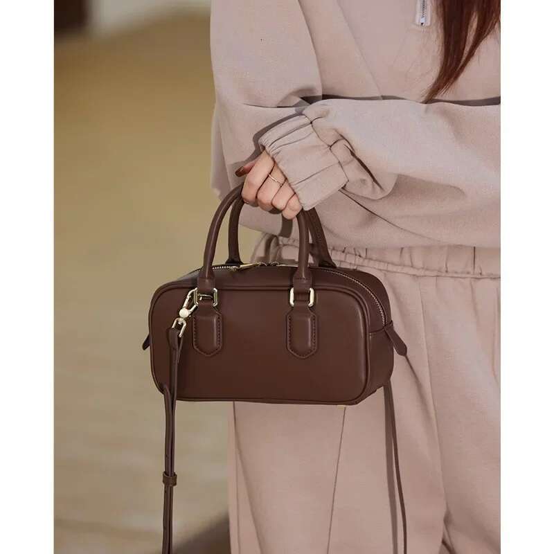 2024 New Genuine Leather Women Mini Tote High Quality Shoulder Crossbody Bags Retro Commute Handbags Ladies Boston Bag Black