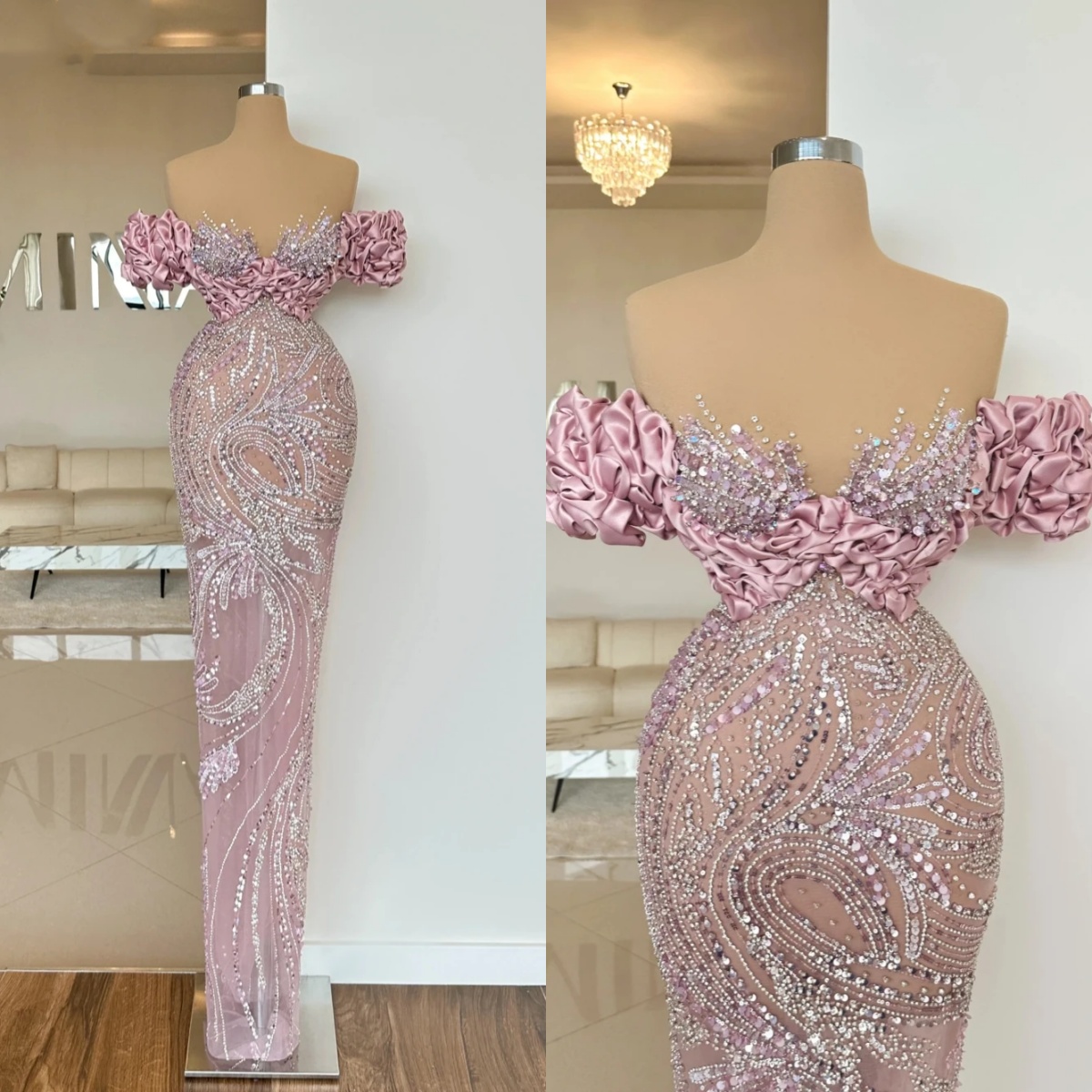Evening Dresses For Women Sheer Neck Off Shoulder Sleeveless Gown See Through Sequins Ruffles Sweep Train Party Customized Dress