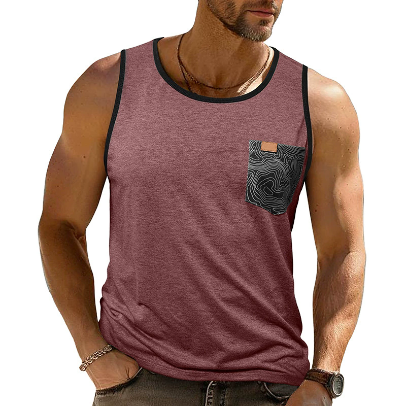 6 Color Summer T-Shirts Men's Sleeveless Printed Vest Loose Pocket Fitness Sports Top Polyester Dark Grey Green Tees XXL