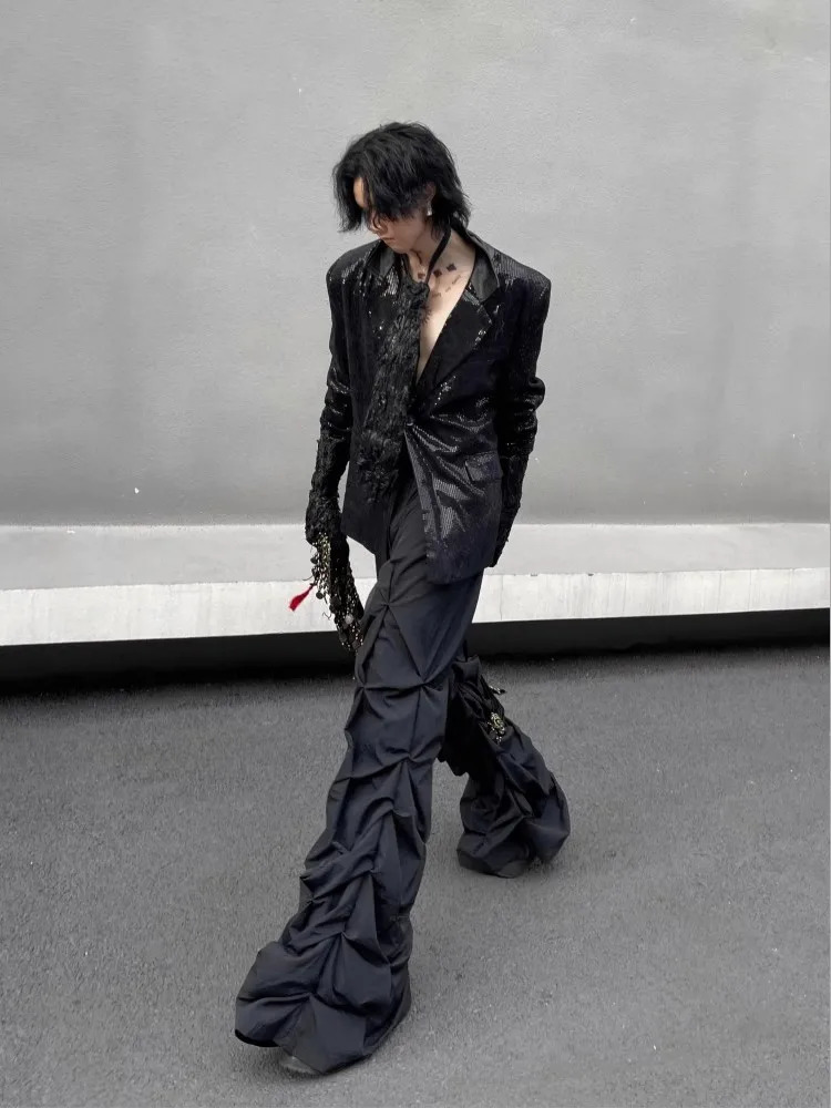 Mauroicardi Spring Autumn Long Black Ruffle Wide Leg Mens Elastic Waist Dark Academic Clothing Street Trousers 250317