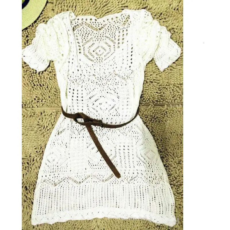 sexy womens lace crochet bikini beach bohemian dress hollow loose dress one-third sleeve beachwear mini dress 250317