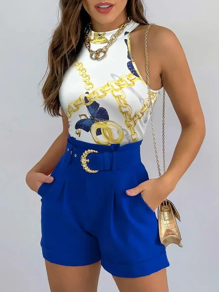 Printed chain vest and shorts set with belt 250318