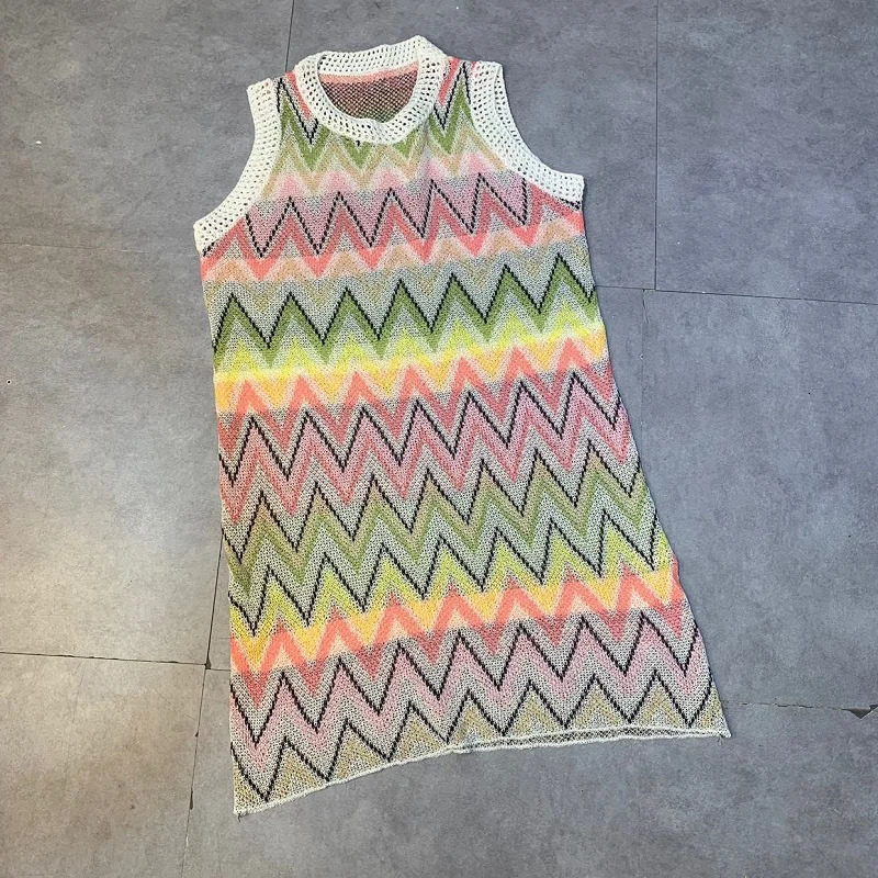 Summer Knitted Mini Dress Womens Rainbow Stripe Dress Womens Sleeveless Hollow Splicing Work Sundress Fashion Casual Robe Women 250320