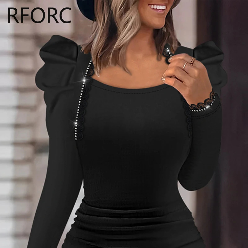 Women Solid Long Puff Sleeves Rhinestone Decoration Folds Mini Bodycon Party Black Dress 250320