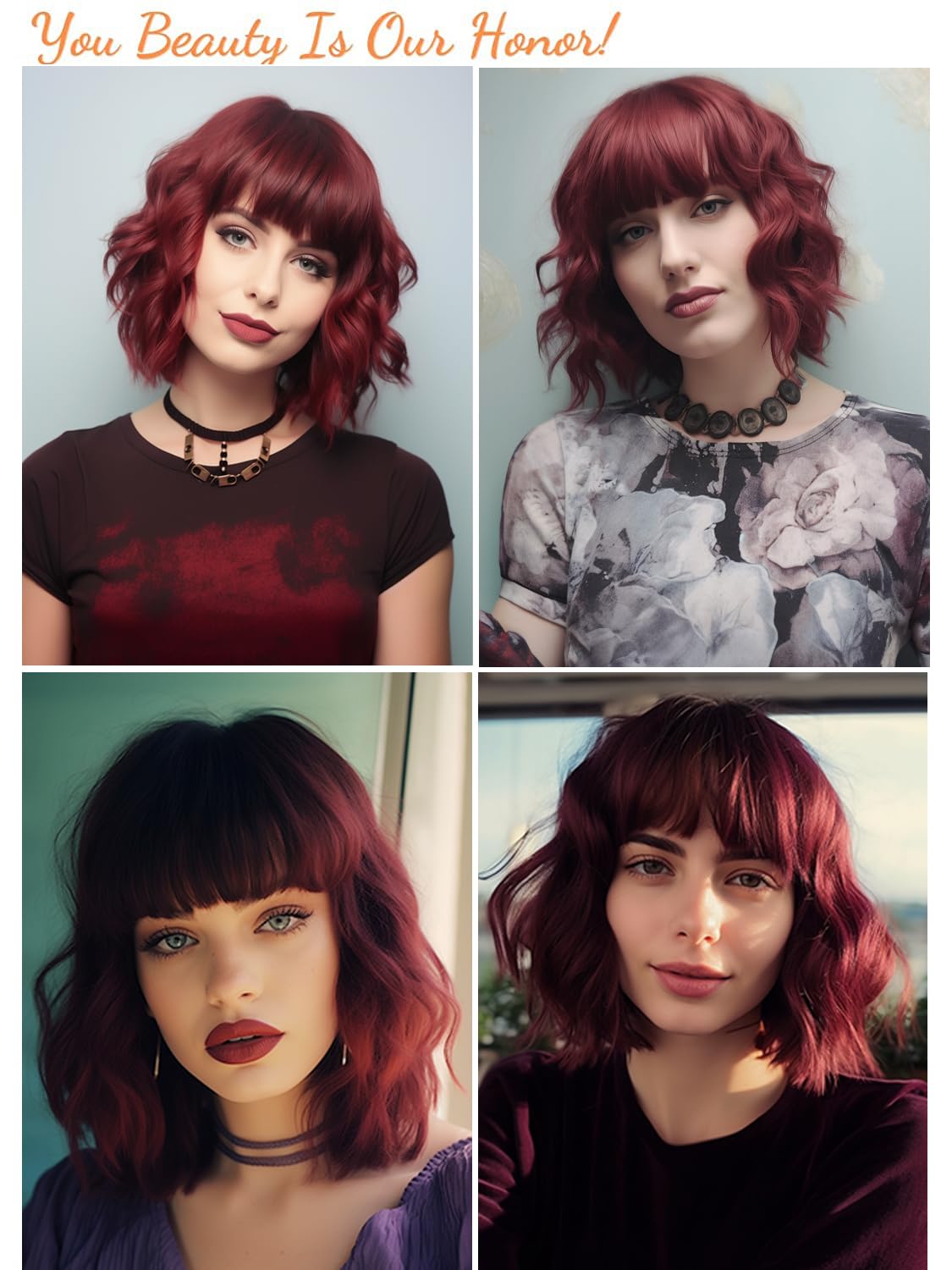 Short Burgundy Wigs for Women Wine Red Wavy Wig with Bangs,Dark Red Bob Wig Synthetic Hair Water Wave Medium Length Colorful Wigs